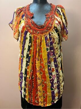 Diane von Furstenberg 100% Silk Colorful Mixed Patterned Gathered Blouse Size 8